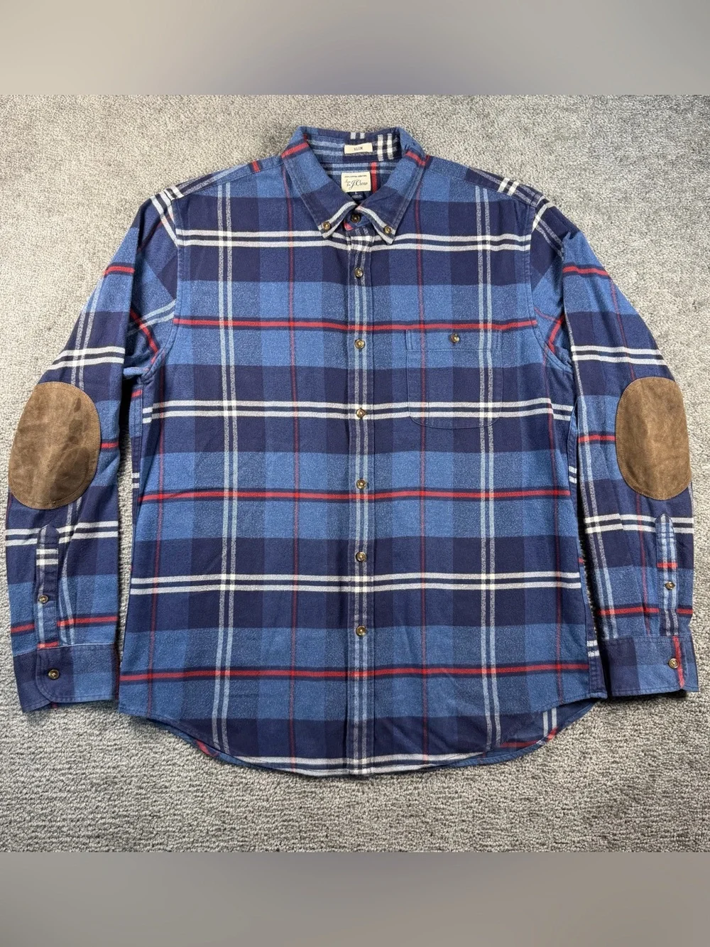 J Crew Mens Shirt L Plaid Button Down Elbow Patch Cotton Flannel Slim Fit Blue
